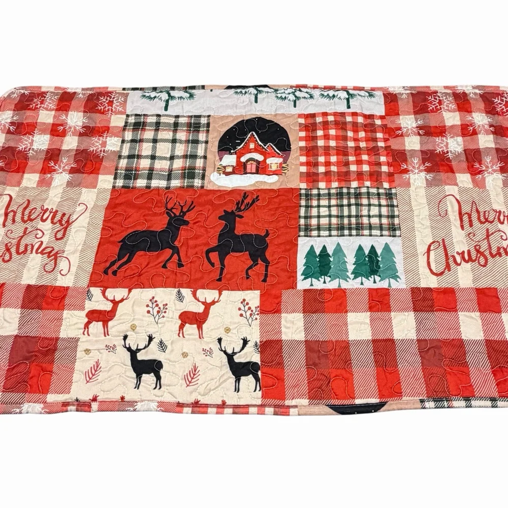 King Christmas Pillow Sham Red Buffalo Plaid Reindeer Quilt Lodge Cabincore